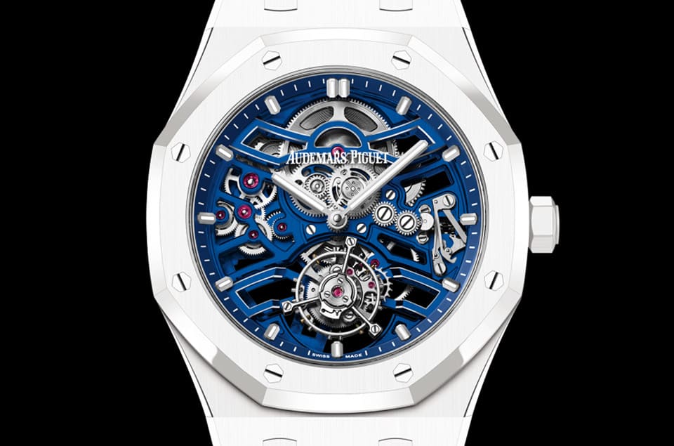 AP皇家橡樹自動鏤空飛行陀飛輪改搭白色陶瓷表殼與藍色機芯